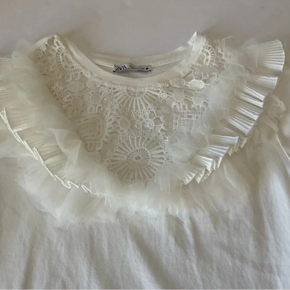 Zara White Tee Shirt with Lacey Collar - Picture 9 of 9